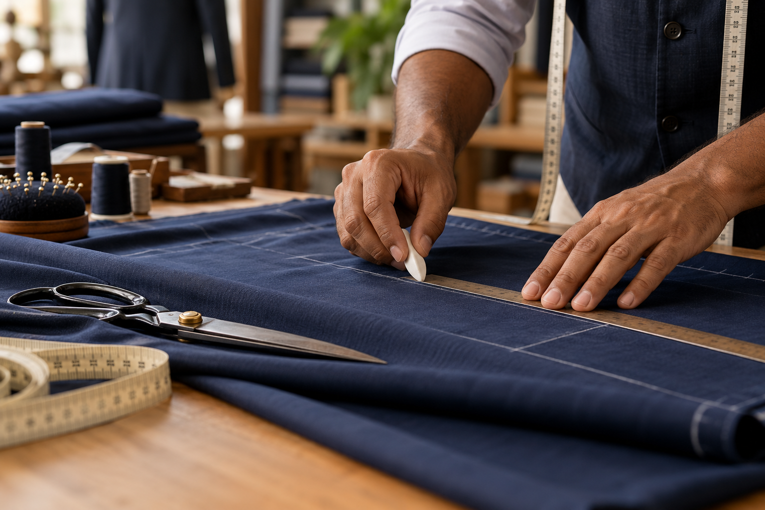 A tailor carefully marking navy fabric by hand