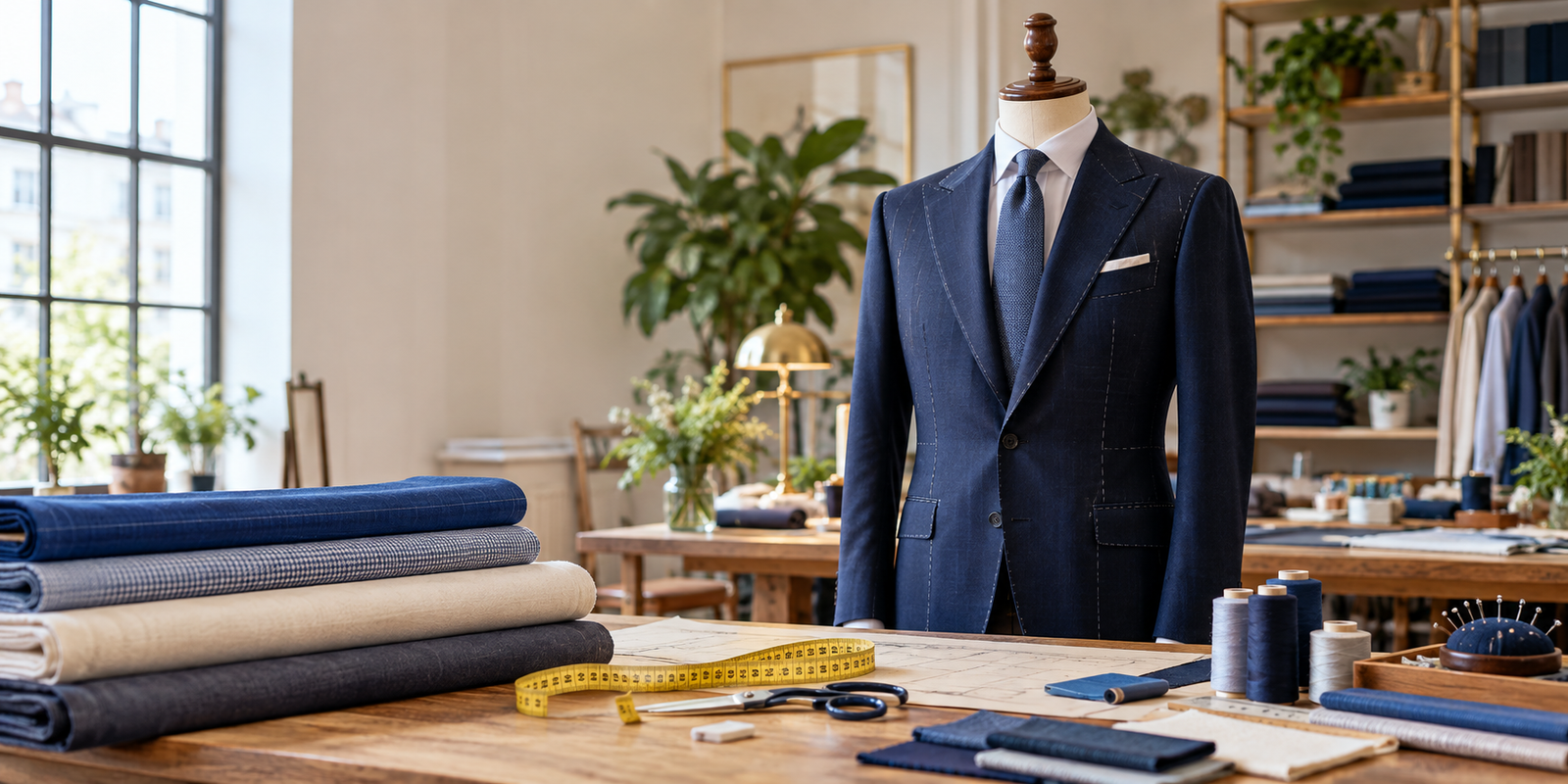 A navy tailored suit, premium fabric and tailoring tools in a bright studio